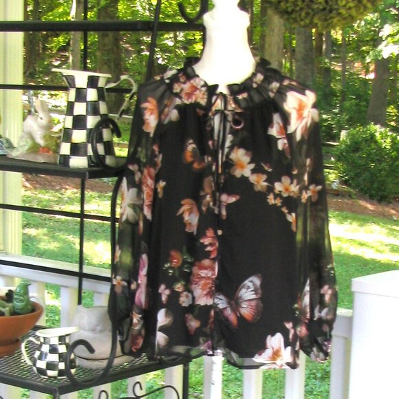 Joie Tops - Joie black floral butterfly top shirt blouse Large polyester soft luxury style